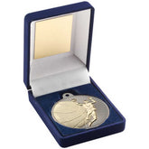 BLUE VELVET BOX AND 50mm BASKETBALL MEDAL TROPHY MATT SILVER/GOLD - 3.5in